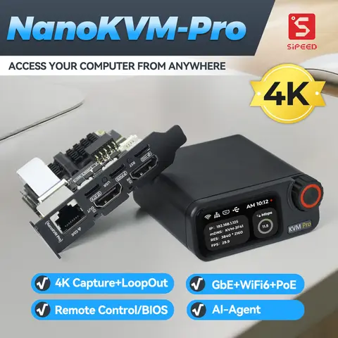 Sipeed NanoKVM-Pro PiKVM 4K IP-KVM GbE WiFi6 PoE Remote Control HomeLab Server NAS AI Agent HDMI second screen led strip