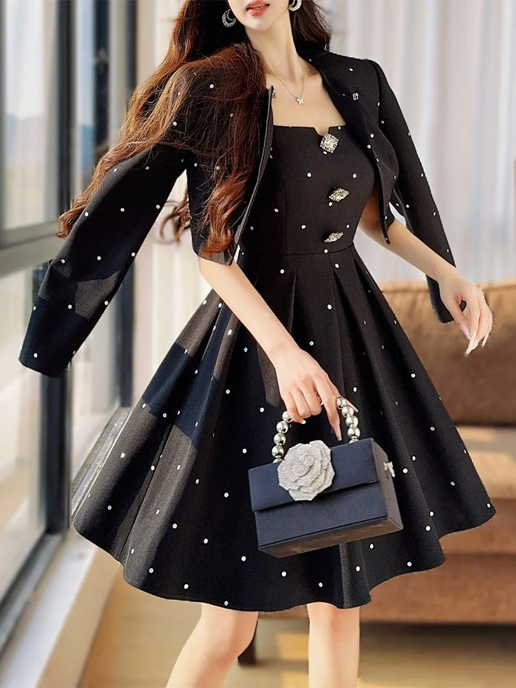 DABUWAWA Sequins Dot 2 Piece Sets Women Outfit Light Weight Fancy Suiting Stitch Empire Appliques Sundress Y2k Clothes DA1CSE010