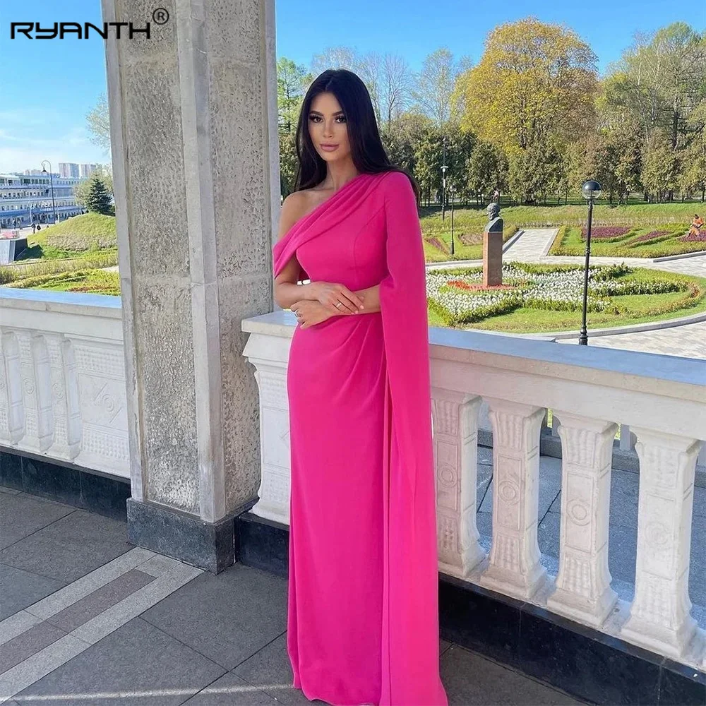 Ryanth Hete Roze Diagonale Kraag Zeemeermin Avondjurken 2024 Chiffon Vloer Lengte Galajurken Lange Feestjurk فساتين السهرة ة