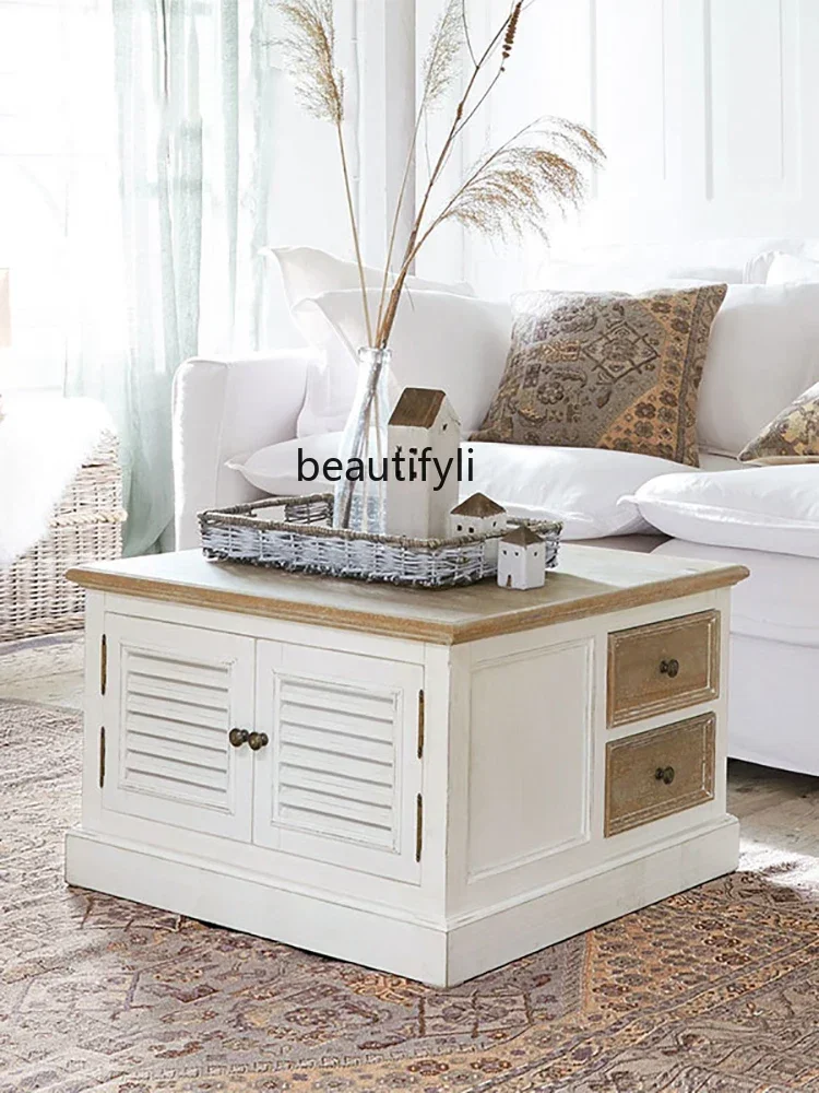 K185 American Country Solid Wood Coffee Table French Entry Lux Vintage Distressed Coffee Table Small Apartment Living Room