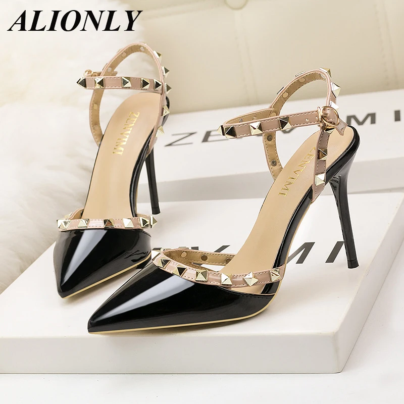 Alionly 2026 New Simple Sexy Slim Heeled High Heels For Women Pointed Rivets With Hollowed Out Straight Stripes Women's Sandals