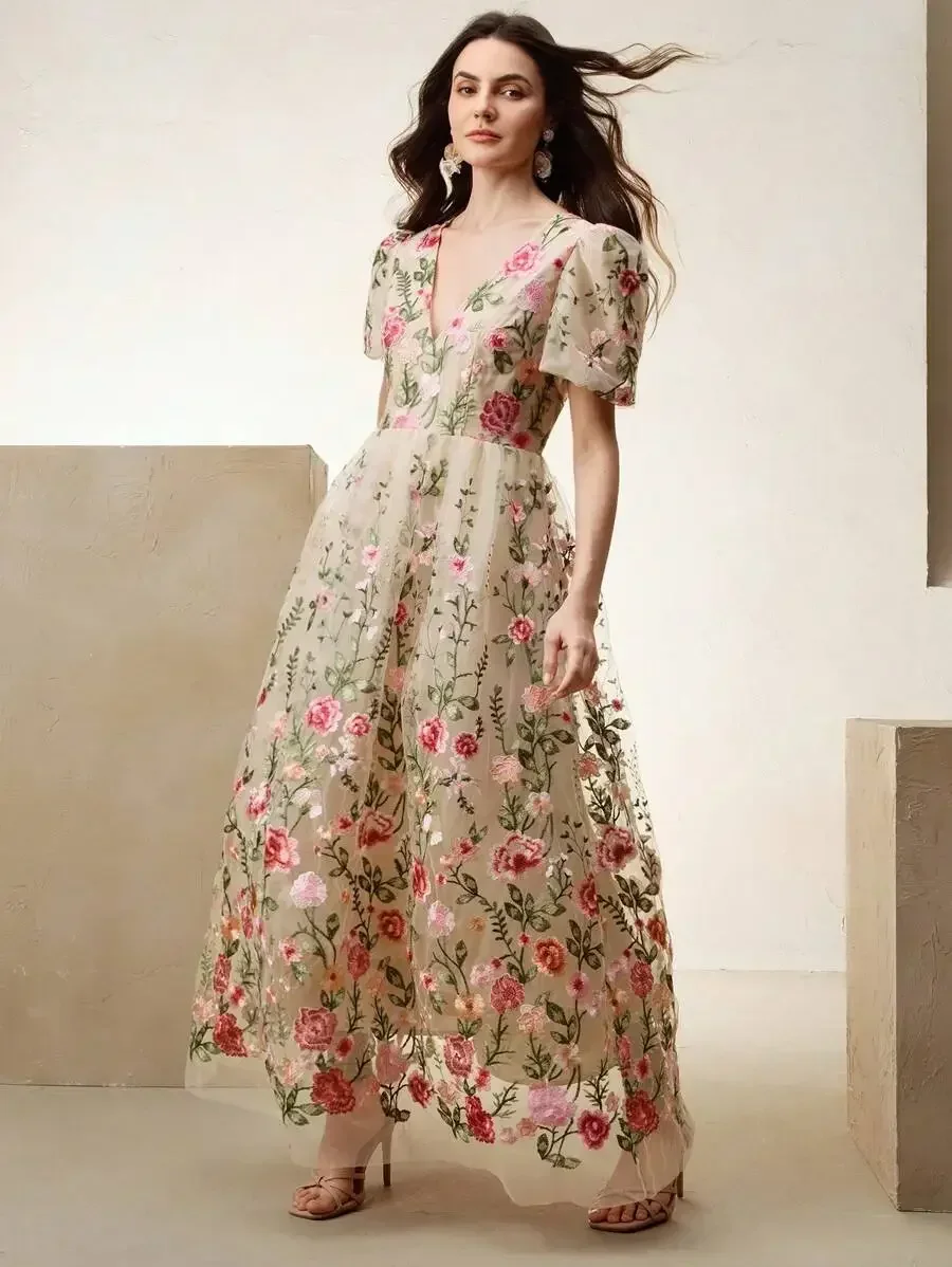 

A-Line V-Neck Midi Dress In Sheer Tulle With Puffed Sleeves And All-Over 3D Floral Embroidery For Summer, Valentine’s Day,