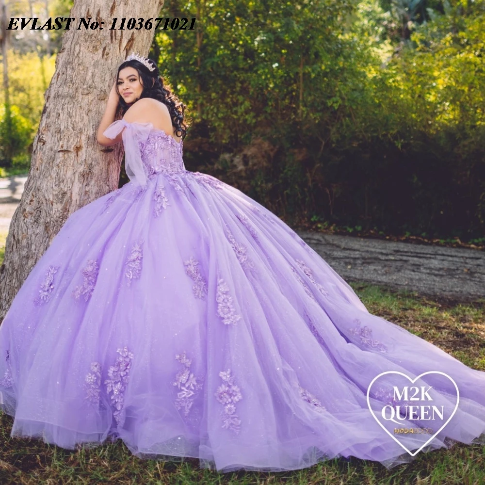 Блестящее Сиреневое платье EVLAST Quinnceanera, бальное платье, Кружевная аппликация, украшенная бисером, Мексиканский корсет, милое 16, Vestidos De 15, SQ484