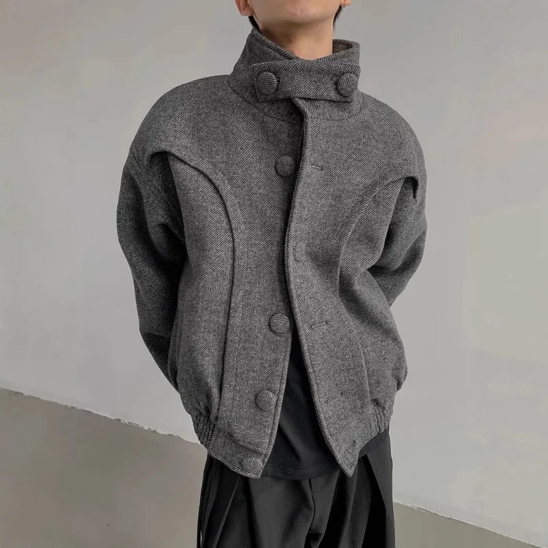 

OIMG Men's Woolen Jackets Turn-down Collar Solid Color Clothing Single Breasted Casual Male Coats New Winter