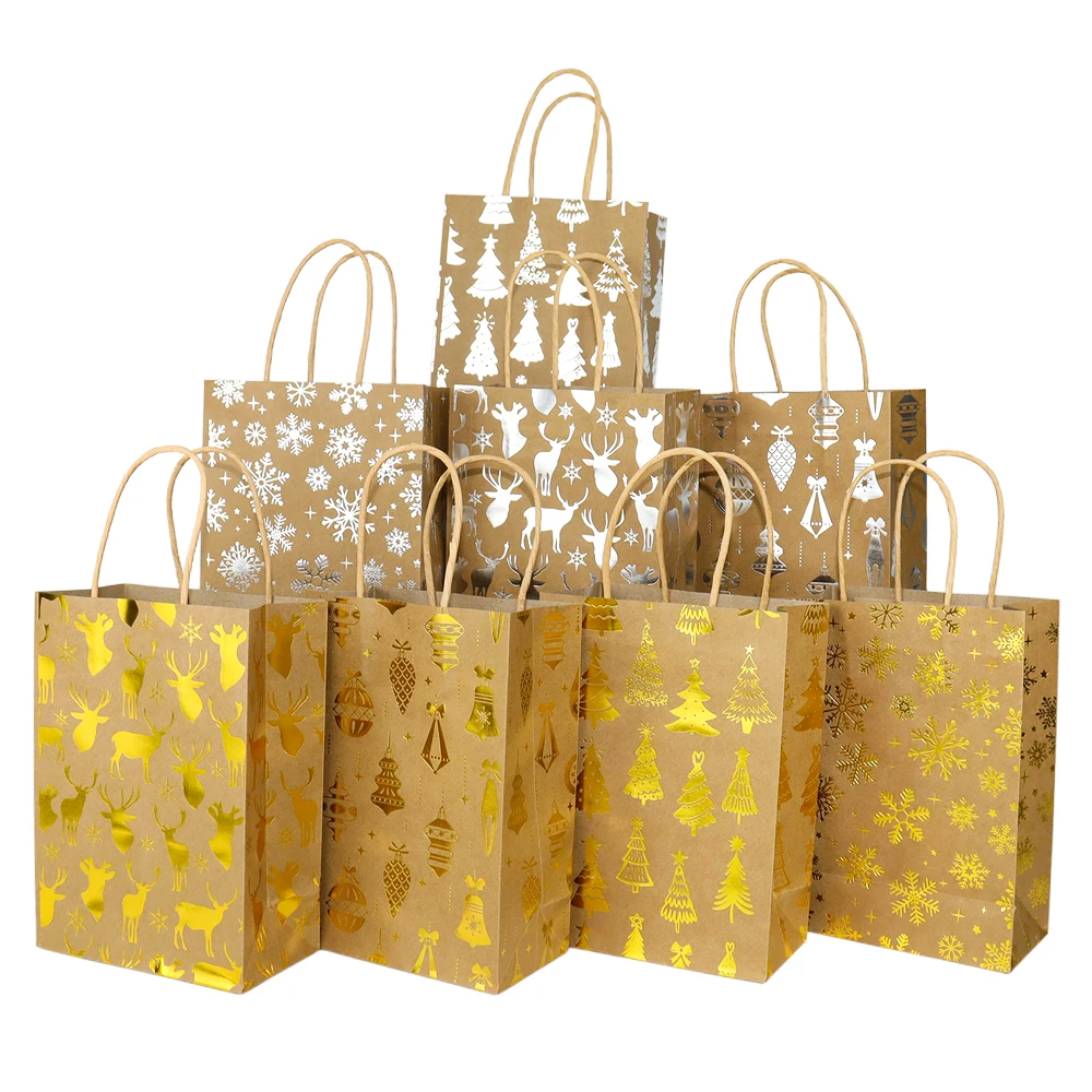 

4pcs Christmas Kraft Paper Bags with Handles Gold Silver Christmas Snowflake Gift Bags Xmas Party Favors 2026 New Year Gifts