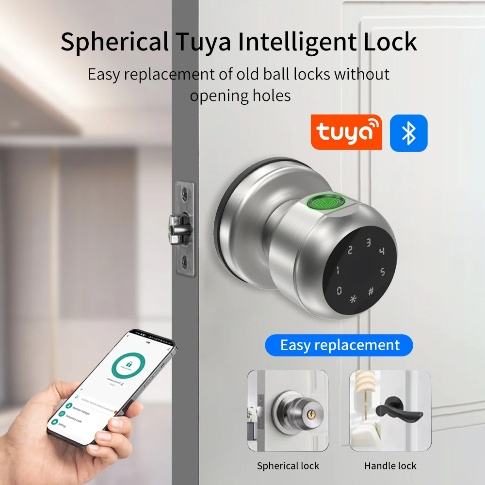 Tuya Smart Wooden Door Lock Password Fingerprint Bluetooth Electronic Knobset Mechanical Key Autolock APP unlock Digit Knob Lock