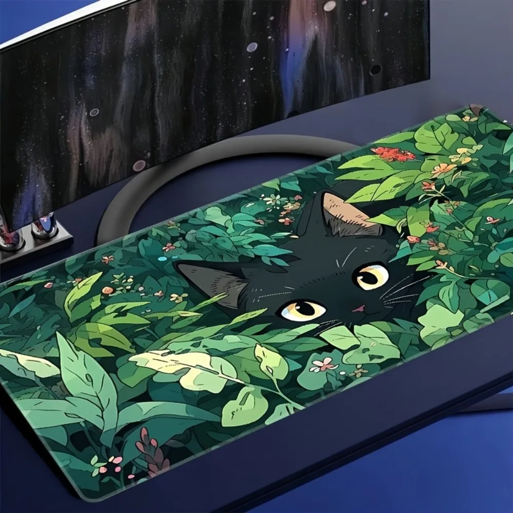 Grand tapis de jeu antidérapant en caoutchouc, motif herbe de chat noir, tapis de souris pour bureau, tapis de jeu