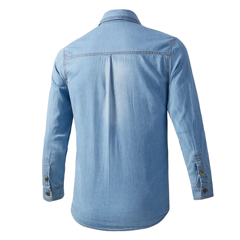 Men Denim Casual Slim Shirts Male Cotton Light Blue Multi-pocket Tooling Shirts Quality Man Large Long-sleeved Shirts Size 5XL