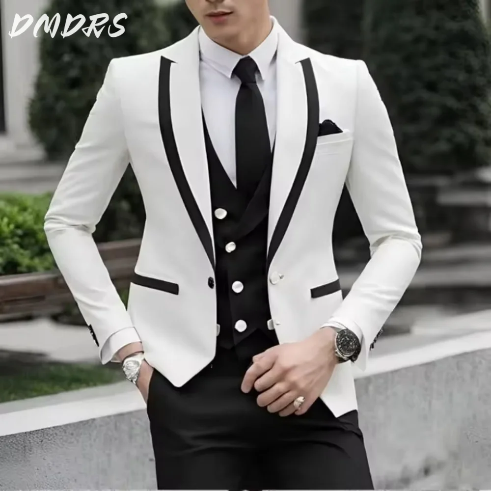 Stylish color matching Business Stylish double-breasted suit 3 pieces jacket vest pants wedding suit for men office work party p