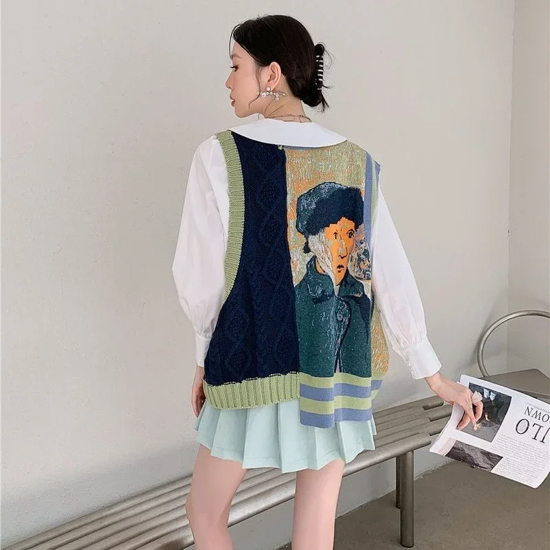 Retro Women\'s Knitted Vest Sleeveless Jacket V-neck Top Contrasting Jacquard Sweater Vest Leisure Loose Fashion Cheap Wholesale