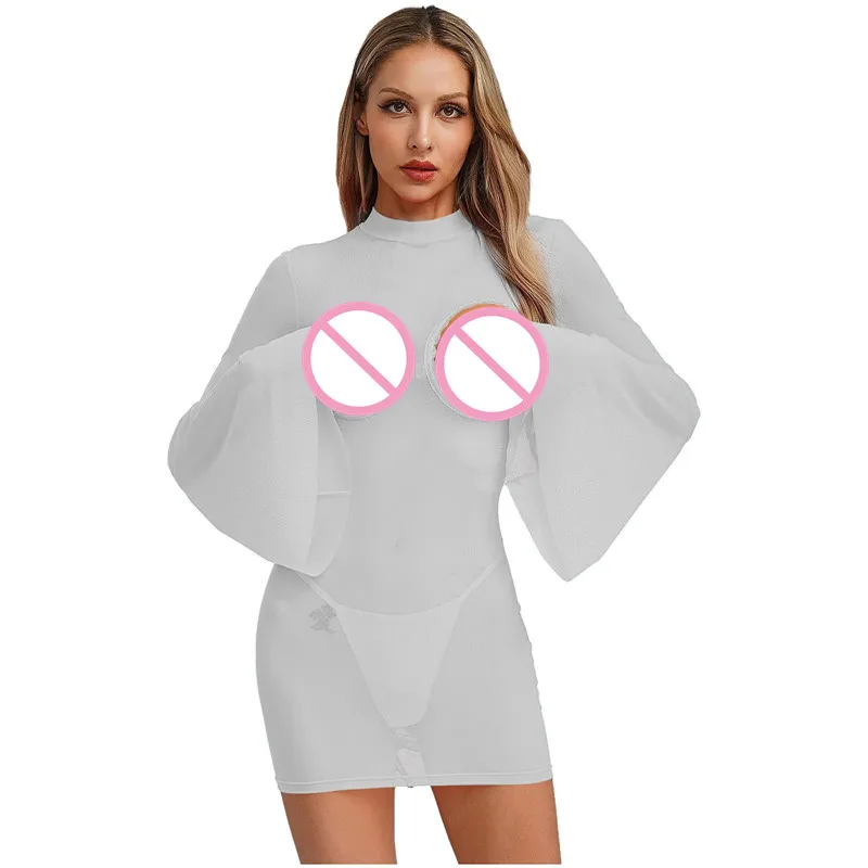 

Lingerie Nipple Chest Hollow Out Mini Dress Adult Women Translucent Sheer Mesh Cover Up Dress for Wedding Night Valentines Day