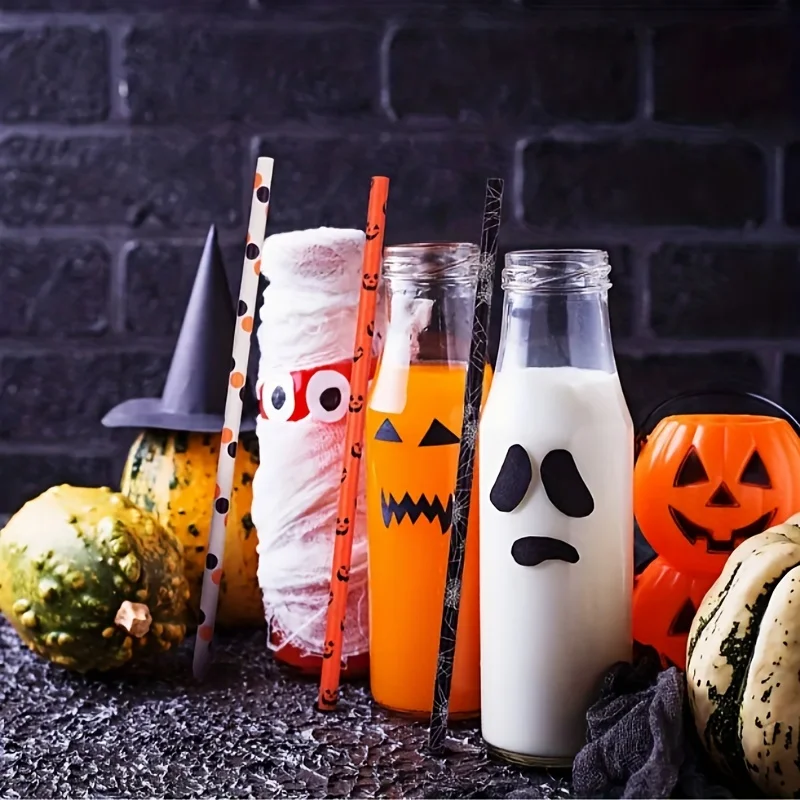 25er-Pack dekorative Halloween-Strohhalme aus Papier, Fledermausgeist und Kürbis, Partygeschirr, Trinkhalme