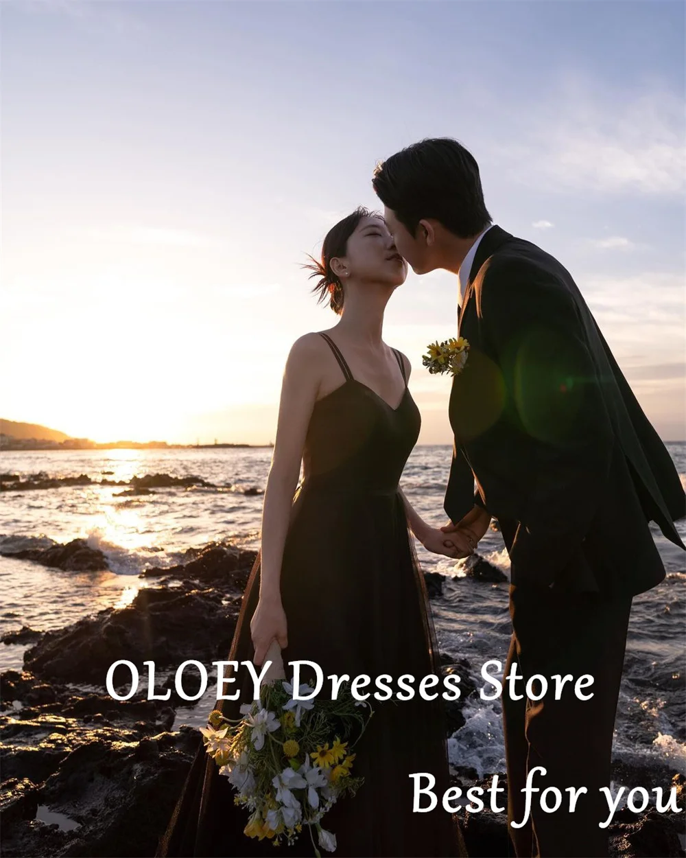 OLOEY-Vestidos de Noche elegantes para sesión de fotos, traje negro con escote Corazón, tirantes en los hombros, línea A, Espalda descubierta, recepción