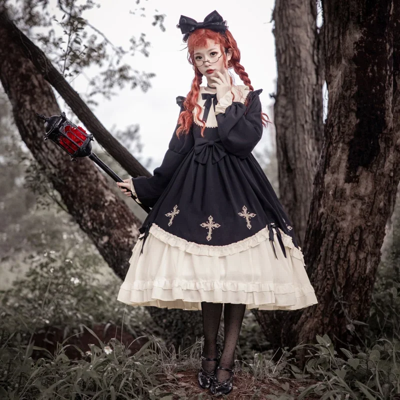 Lolita-vestidos de manga larga con volantes para mujer, cintas de punto de cruz, Collar de muñeca dulce, lazos para baile de graduación, disfraz de Cosplay de Halloween