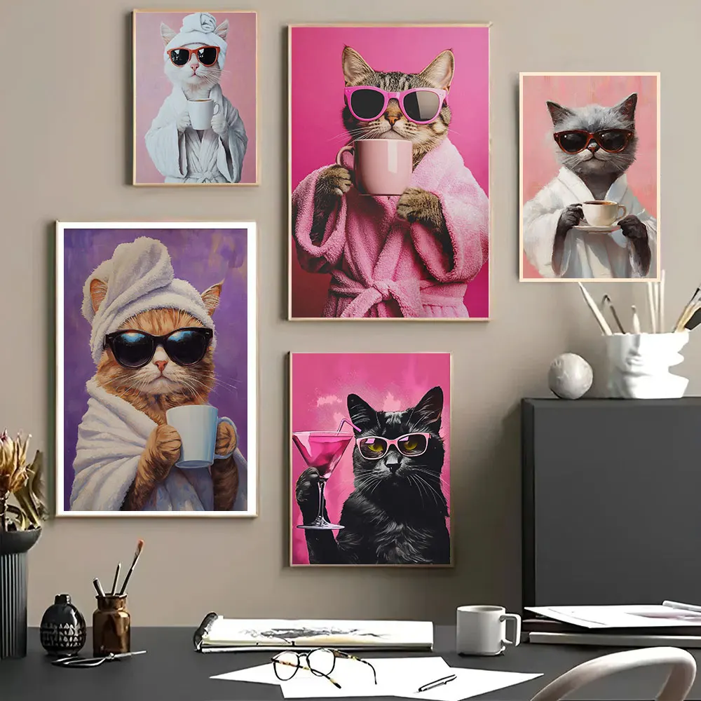 الحيوان الوردي القط شرب القهوة الملصقات قماش اللوحة طباعة القط الفن غرفة المنزل المطبخ بار مقهى غرفة جدار ديكور #1