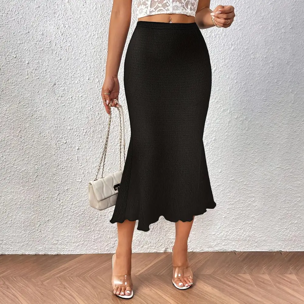 Women Knitted Fishtail Skirt Slim Fit High Waist Hip Wrapped High-waisted Skirt Solid Color Mid-calf Length Knitting Skirt