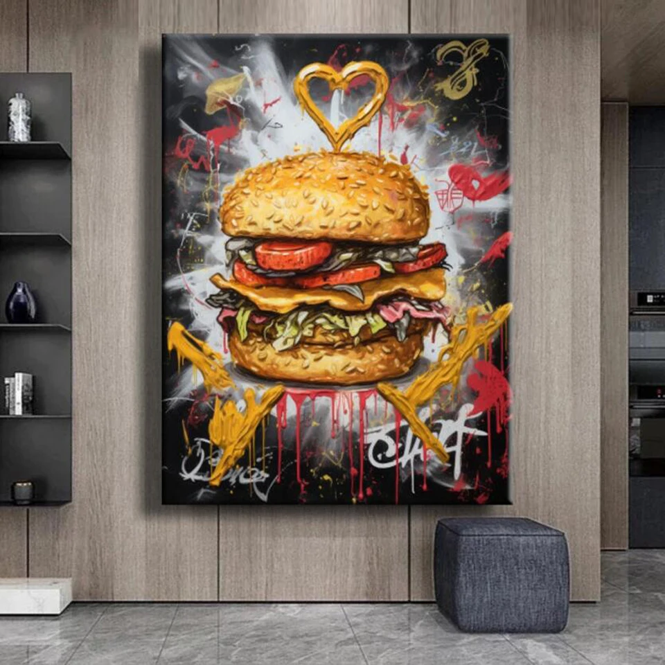 DIY Cross Stitch Hamburger Graffiti Diamond Painting Food Art Colorful Abstract Full Diamond Mosaic Embroidery Decor Food Lover