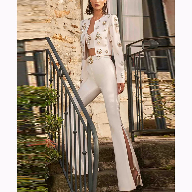 Blouse Jacket Bell-bottoms Suit Women Round Neck Beaded Cropped Slit New Fashionable Distinctive Minimalist Niche Luxury Casual
