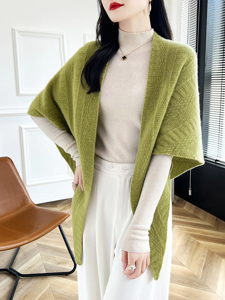 Women 100% Merino Wool Shawl Cardigan Spring Autumn Winter Soft  Pure Colour Cashmere Scarf Sweater Korean Fashion Shawl Tops