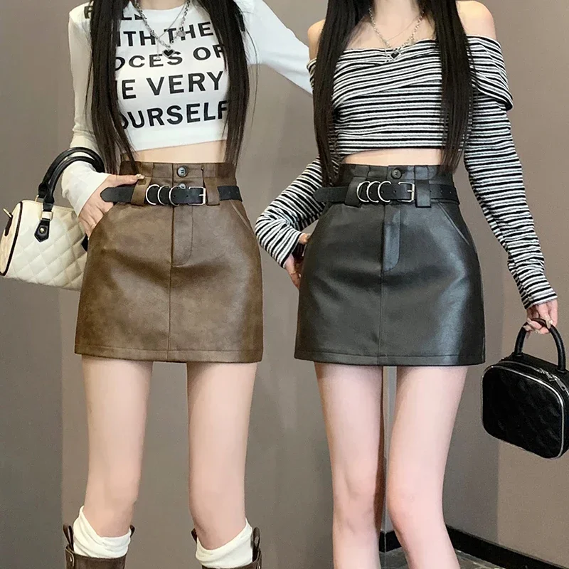 American Hot Girl PU Leather Skirts Y2k Chic with Belt Slimming A-line Mini Skirt Popular Fashion Sheath Skirts Streetwear Mujer