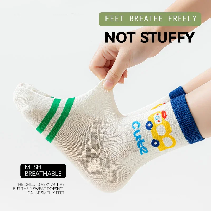5 Pairs Kids Colorful Car Pattern Mid-Calf Socks Summer Thin Breathable Mesh Dopaamine Stripes Boys Cotton Middle-Large Children