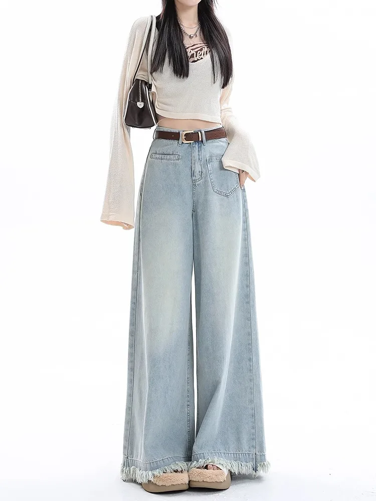 

High Waist Wide Leg Denim Jeans Women's Spring 2026 New Loose Light Design Sensation Small Audience Draping Floor-Length Pants