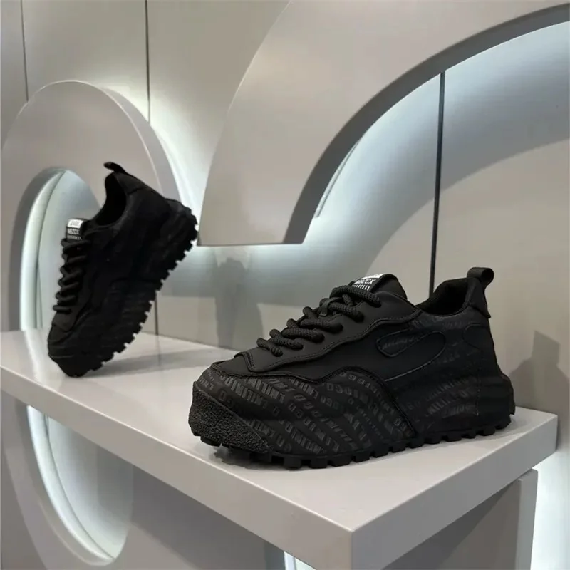 

Teenage Men's Shoes Spring High-Top Casual Fashion Sports Increase Height Thick Bottom Old Dad Trendy Black Canvas Sneakers