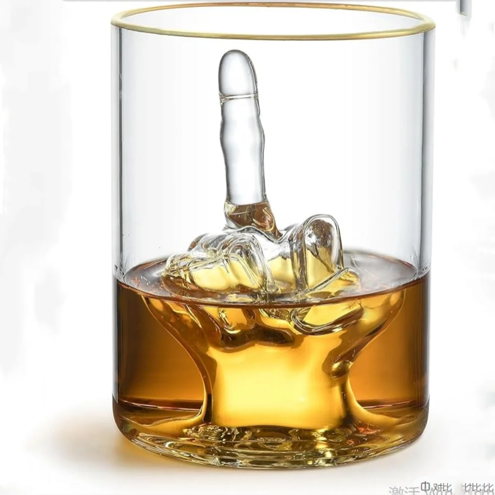 Middle Finger Funny Whiskey Glass Premium Up Yours Funny Glass for Whiskey Liquor Beer Luxurious Gold Rim Cup Bar Accessories