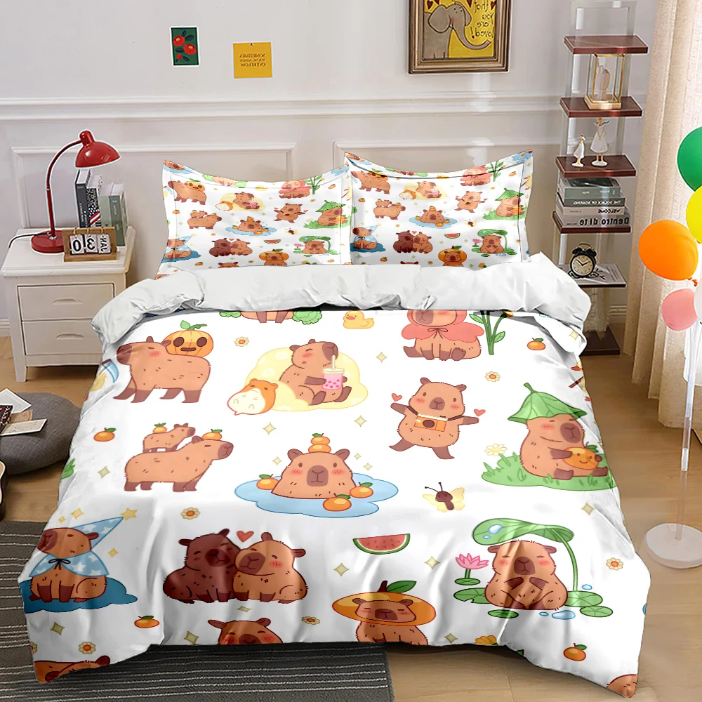 Cartoon capybara-themed illustration Print Bedding Set 1 Duvet Cover 2 Pillowcases for Adult and Children Luxury Gift Full Size