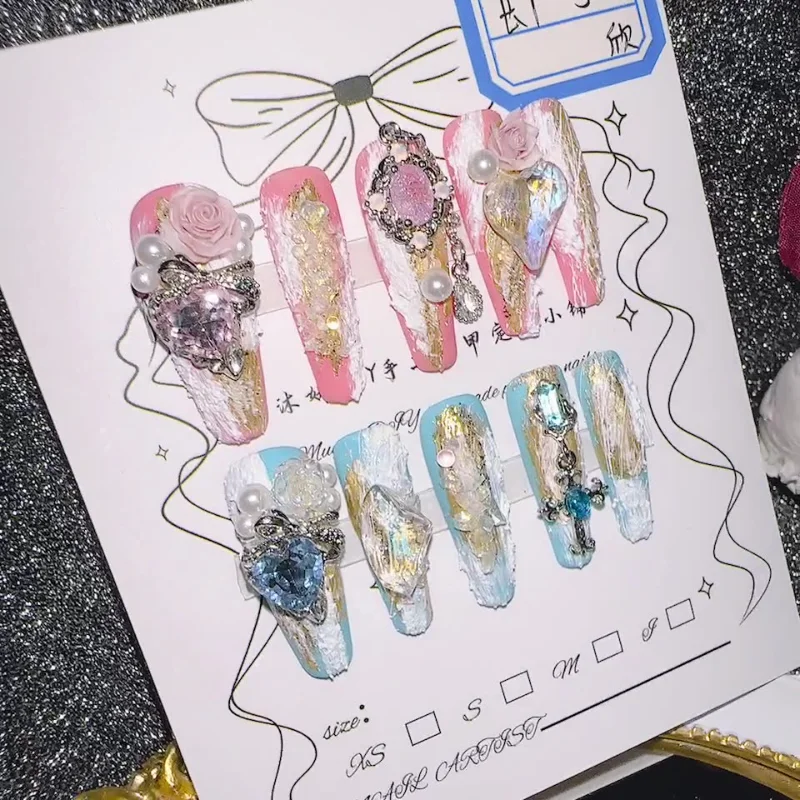 10Pcs High Quality Handmade Press on Nails Carved Snowflake Hand-Painted Line Outline Fake Nails  Elegant Commuting Style