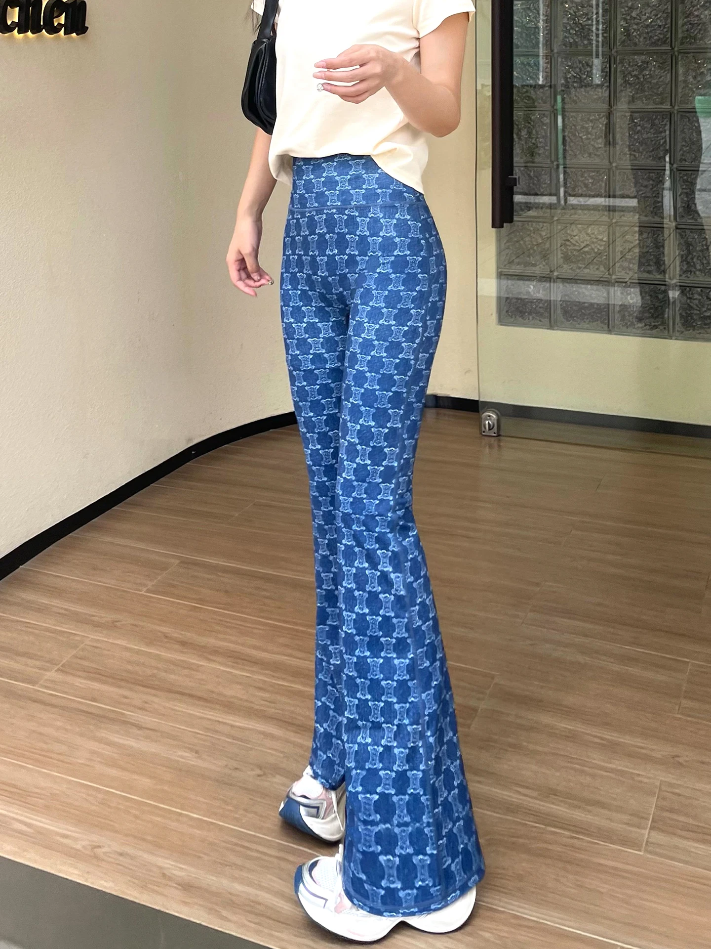 

Женские спортивные джинсовые брюки LARRMAIN с высокой талией и принтом, осенние, свободного кроя, с завязками, синие, повседневная одежда