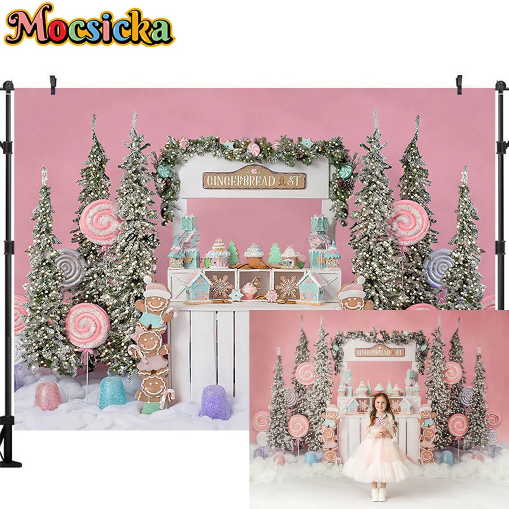 

Pink Christmas Candy Company Photo Backdrop, Children Portrait Photo Studio Props for Xmas Tree Gift Photography Backdrop Cloth