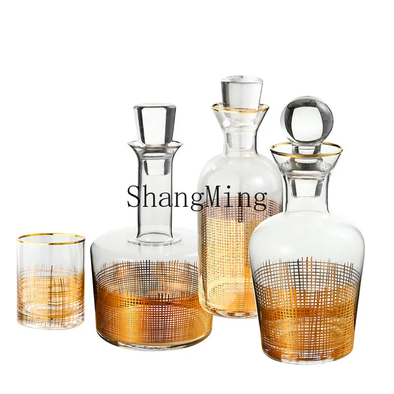 DSA Modern Light Luxury Gold Grid Line Crystal Glass Wine Set Model Room Wine Set Ornament