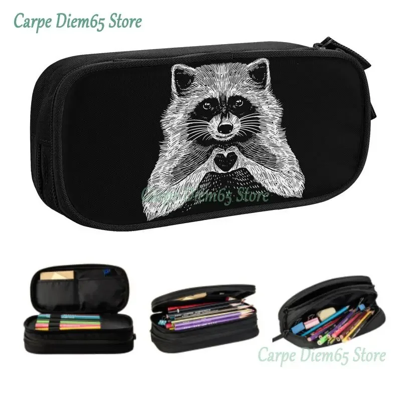 Cute Cute Love Raccoon Pencil Cases for Boys Gilrs Large Capacity Racoon Panda Pencil Pouch School Supplies