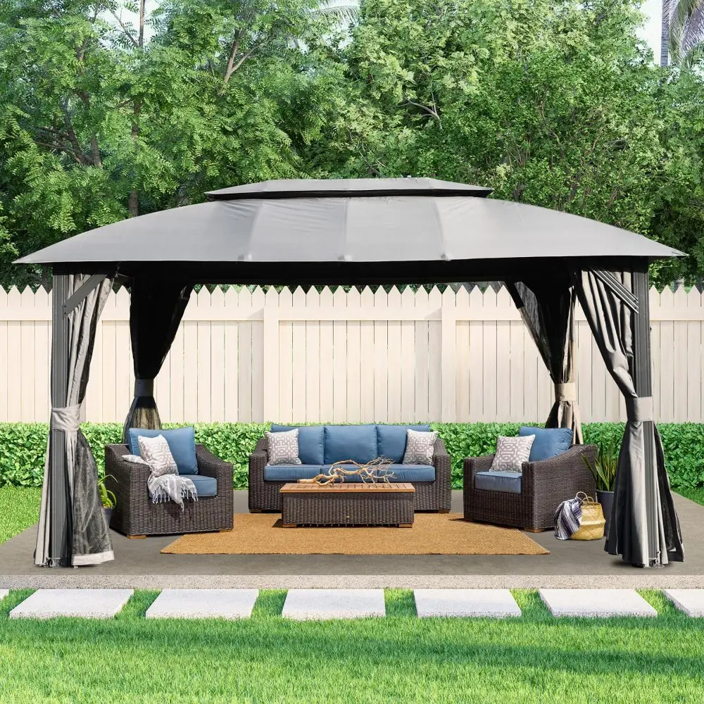 Gazebo 10x14FT, Outdoor Gazebo with Double Roofs, Privacy Curtains, Mosquito Nettings, Heavy Duty Metal Frame Party Tent Canopy