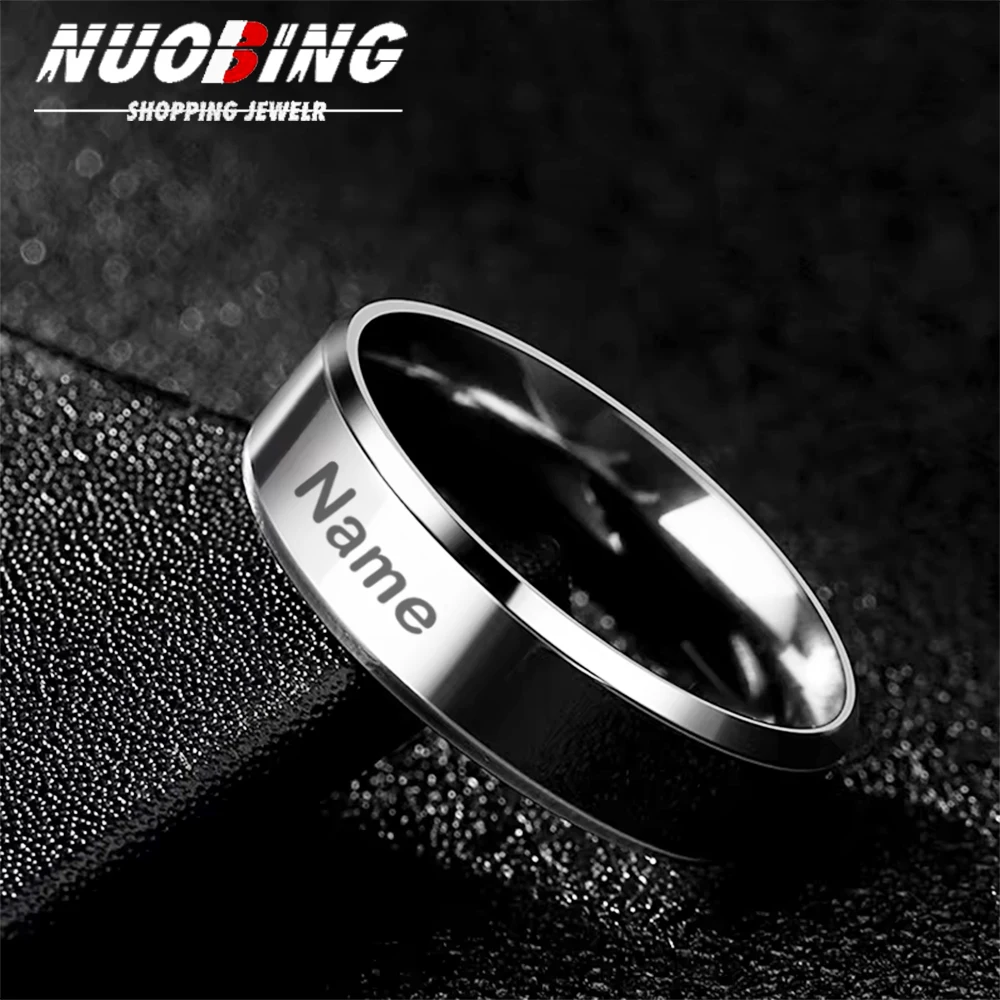 

Personalize Stainless Steel Beveled Edge Ring for Men Women Black Wedding Band Custom Name Letter Date Jewellery Gift