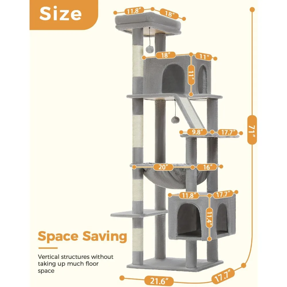 شجرة قطط كبيرة مع أرجوحة كبيرة جدًا، برج قطط طويل القامة 71 شديد التحمل، 4 أعمدة خدش من السيزال، 2 مستويات واسعة للقطط #6