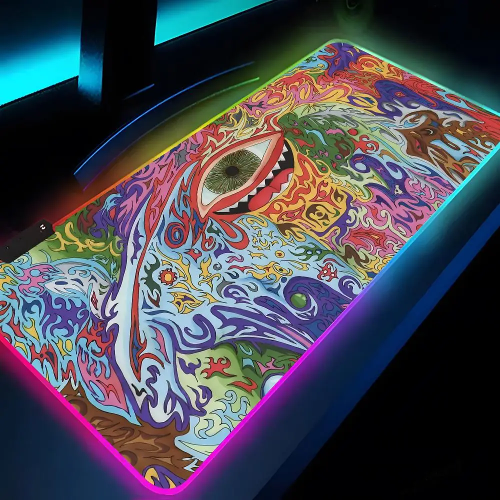 Trippy Psychedelic Mushrooms Eye Mouse Pad Rgb Xxl Laptop Mat Gaming Mousepad Backlit Keyboard Gamer Girl Table Pads Desk