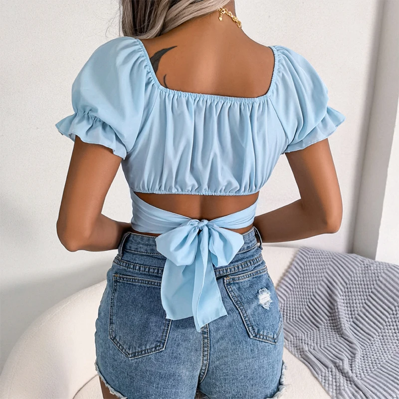 Spring Summer Women Square Collar T Shirt Sexy Tie Up Exposed Navel Short Sleeve Chiffon Shirts Tops Casual Fashion Blouse