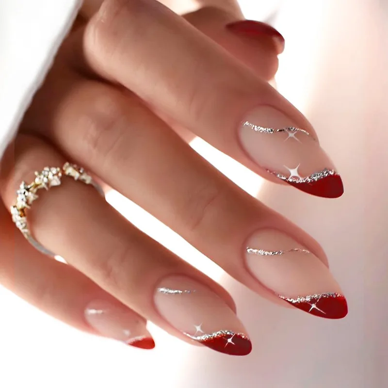 24pcs Press-On Nails - Almond Shape French Tips with Glitter Waves & Diamonds Perfect as Gifts for Women and Family Members