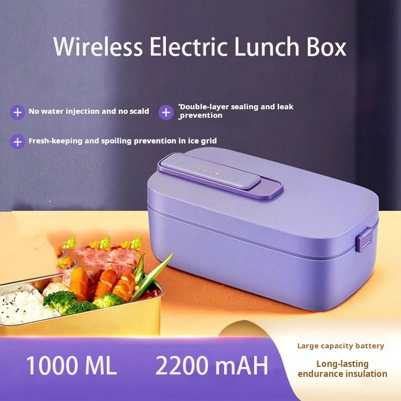 Kotak makan siang listrik tanpa kabel, 1L 2200mAH pemanas bebas air wadah makanan portabel penghangat makanan Stainless Steel Liner kotak Bento