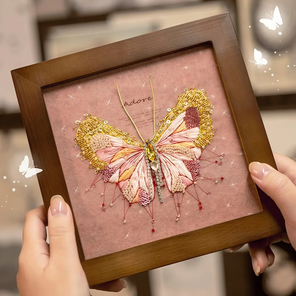 3D Beaded Butterfly Embroidery DIY Kit with English Step-by-Step Instructions and Video Tutorial, Retro Pink-Gold Frame Handmade