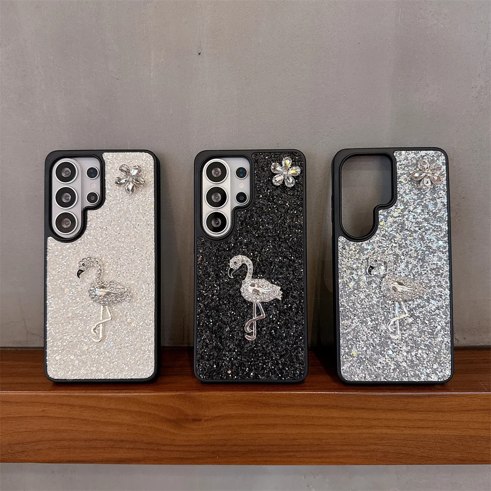 

Luxury Diamond Flower Flamingo Glitter Phone Case for Samsung Galaxy S26 Ultra S25 plus S23 S24 Cover Fashion Shockproof Funda