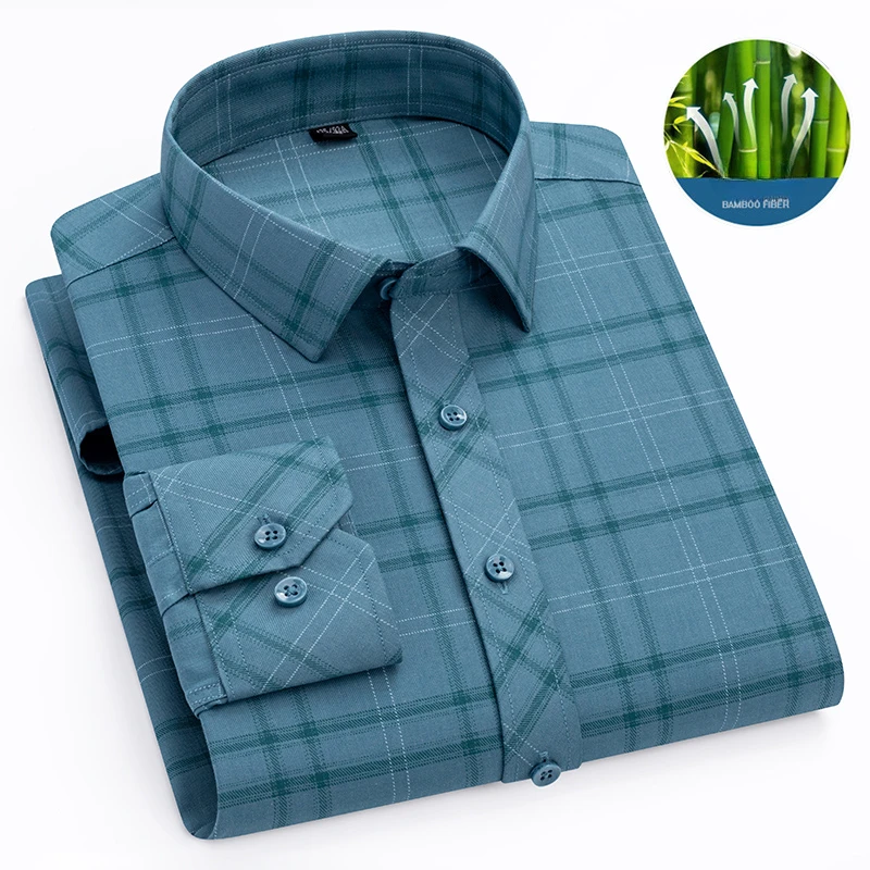 New in shirt Bamboo fiber plaid long-sleeve shirts for men slim fit formal shirt soft casual office tops popular korean clothes