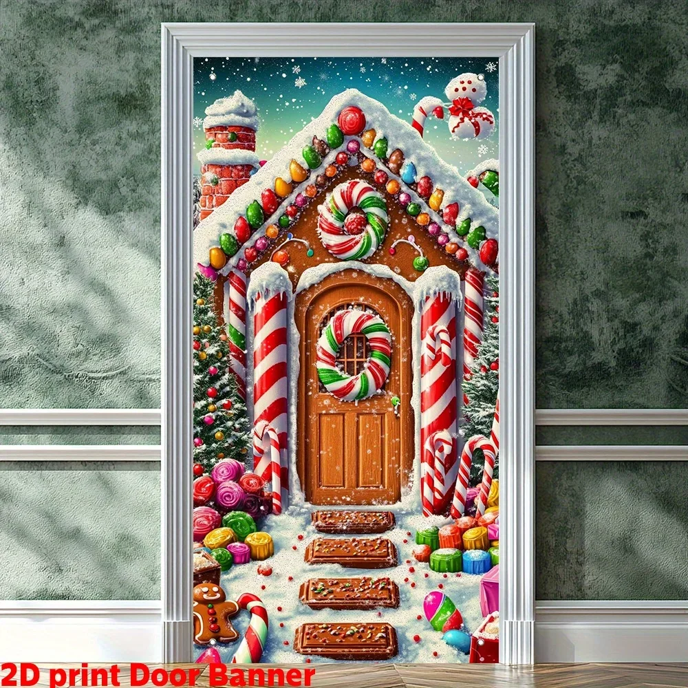 Weihnachts-Türvorhang-Hintergrundstoff – Roter Sternenhimmel, Lebkuchenhaus, Schneeszene, Design, Urlaubsparty mit Süßigkeiten-Motiv