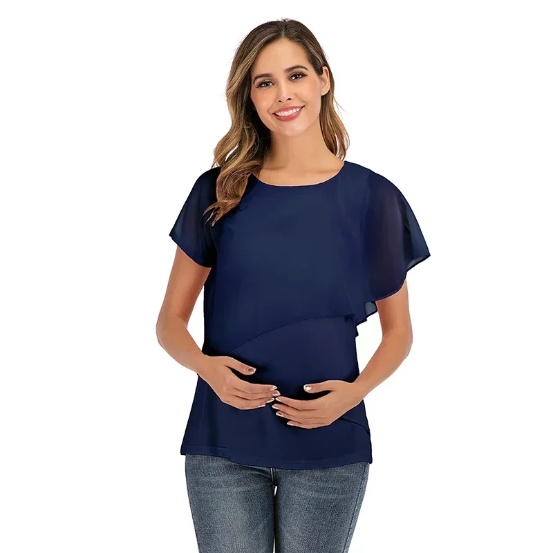 T-shirt d'allaitement confortable pour femmes enceintes, chemisier rond à double couche, vêtements d'été décontractés, offre spéciale