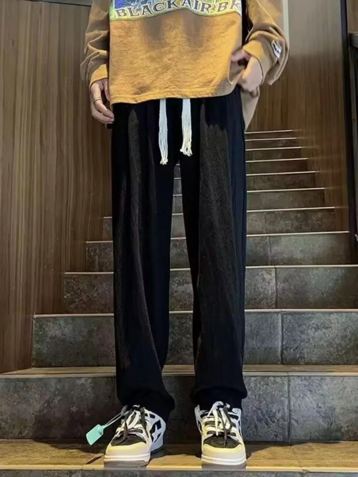 

Мужские повседневные брюки из хлопка и льна, широкие брюки большого размера, свободный крой, американские уличные весенне-осенние льняные прямые брюки