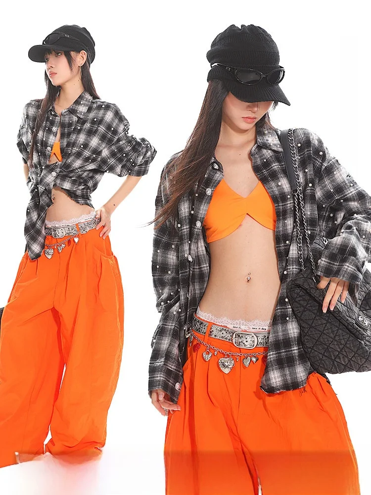 

ex Loose Casual Plaid irt Vintage Pearl Loose Hem Long Sve Regular Length Summer 2025 Faion Ladies' Premium irt