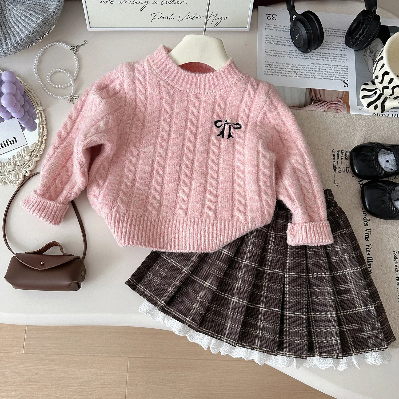 Girls\' Suit 2024 Autumn New Korean Girls\' Knit Sweater + Tie Dye Bow Skirt Two-piece Set Girls Clothes 2-7yrs