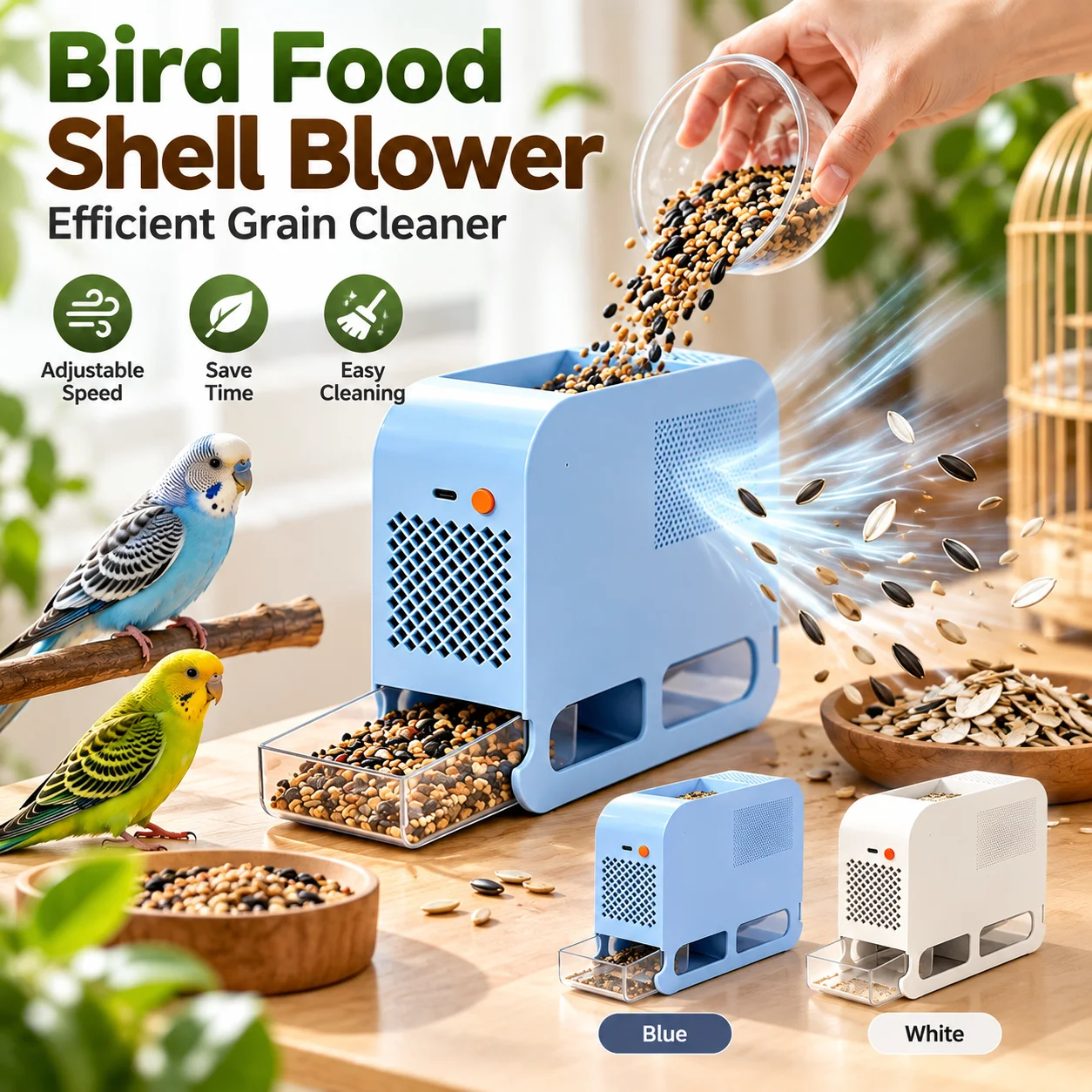 Electric Bird Food Shell Blowing Machine Airflow Efficient Quiet Bird Food Separator Save Time Easy Cleaning Grain Cleaner
